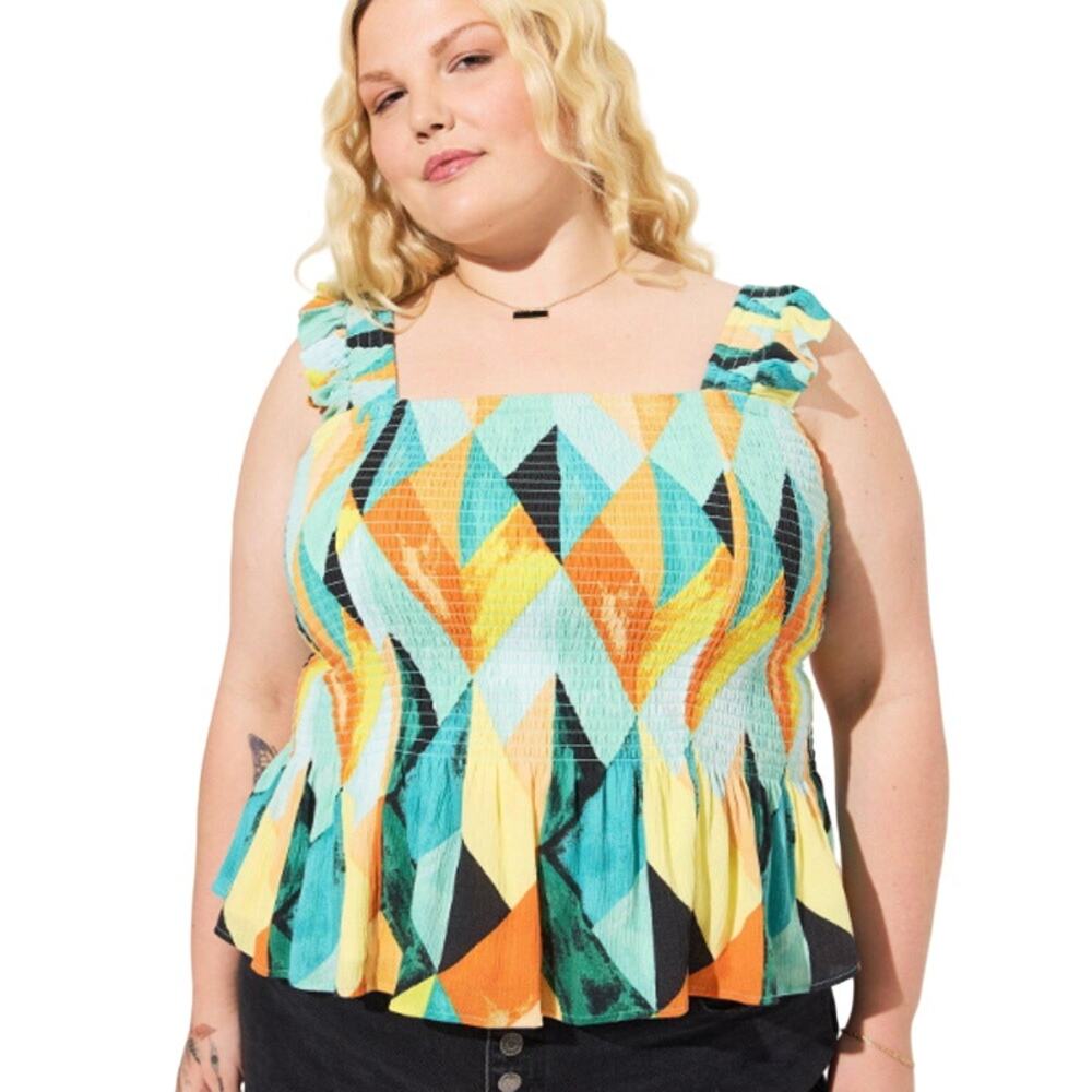 Torrid Peplum Washable Crinkle Gauze Smocked Tank Top, Geo-Multi, NWT